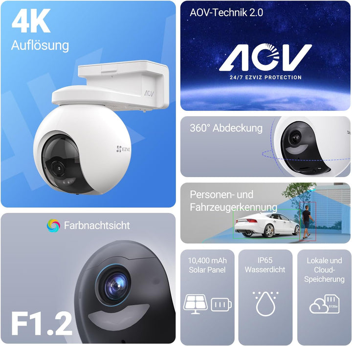 EZVIZ 4K Solar Überwachungskamera Aussen Akku, 360° PTZ Kabellose WLAN Kamera mit Solarpanel, 10400