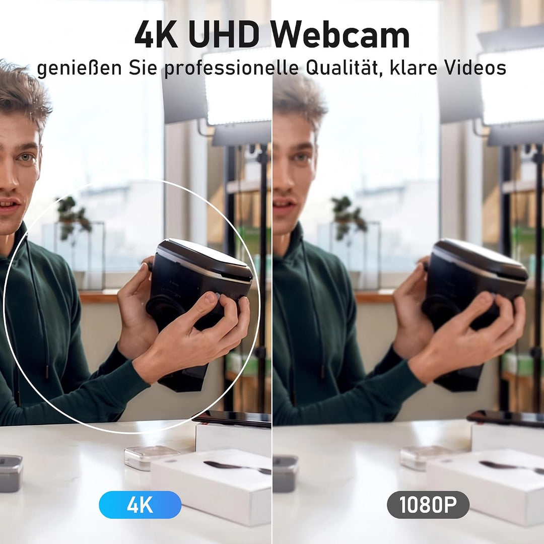 W8LS 4K Webcam 30fps mit Autofokus, Geräuschunterdrückung Mikrofon, LED-Leuchten, 78°FOV, Lichtkorre