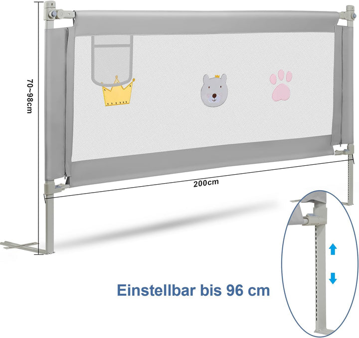 Eulenke 200cm Bettgitter, Bettschutzgitter für Kinderbett, Höhenverstellbar von 70-98cm, Rausfallsch