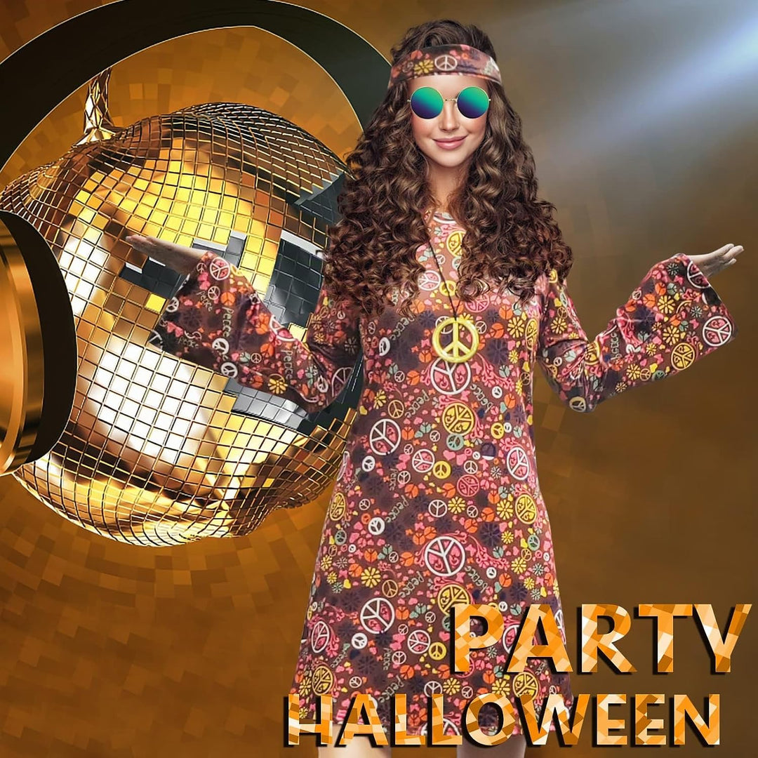 MRYUWB Damen-Hippie-Kleid, 1970er-Kostüm, mit Halskette, Ohrringen, Sonnenbrille, Disco-Outfit, 1960