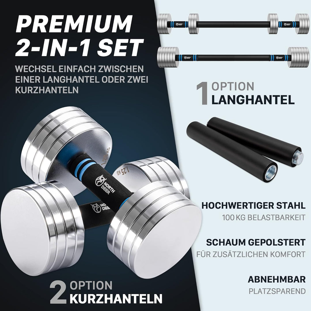 Northdeer 2in1 Set Verstellbar Stahl Kurzhanteln Langhanteln 10kg 2er Set - Ultrakompakte Gewichte 2