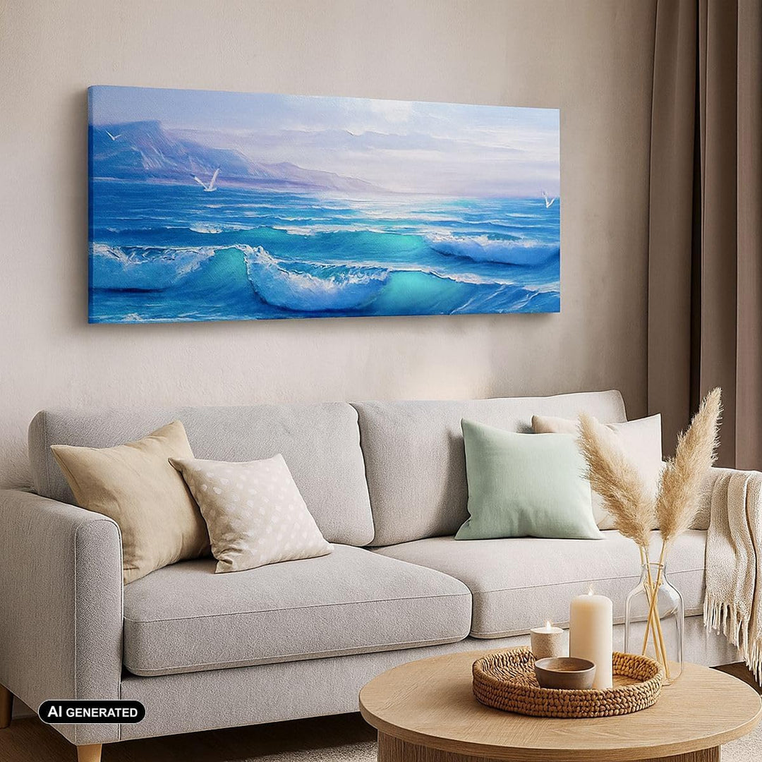 Wandbilder Dekoration Wohnzimmer Meer Welle Möwe Panorama Bilder auf Leinwand 120x50cm Leinwandbild