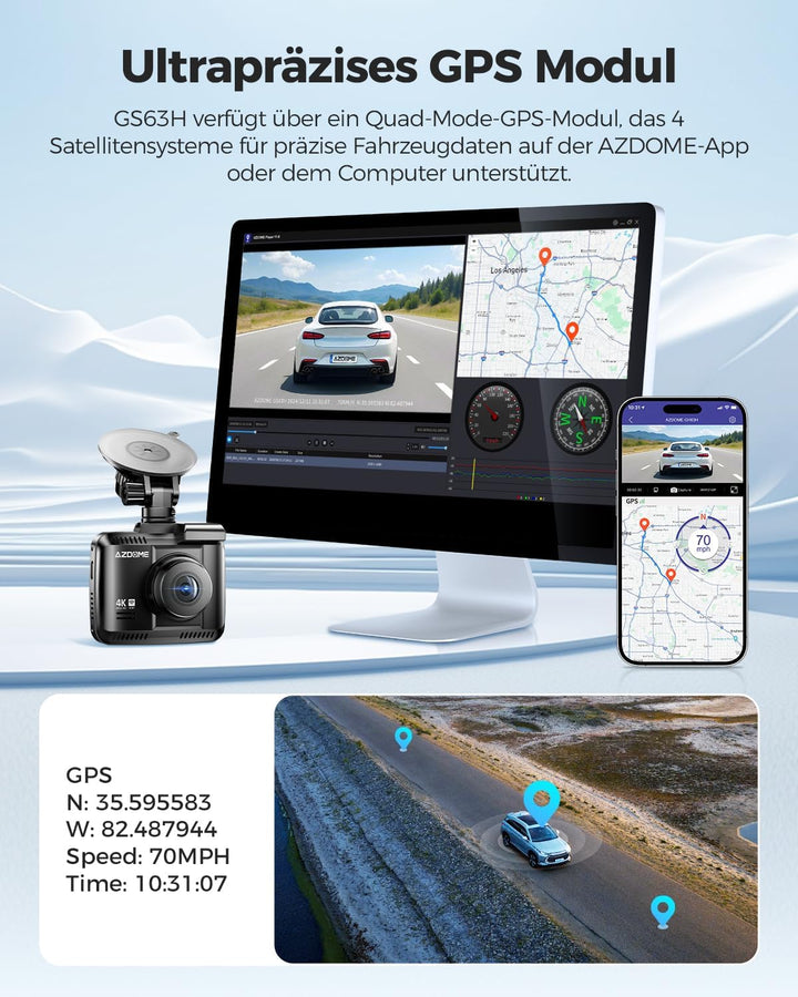 AZDOME Autokamera mit 4K Auflösung, WiFi Dashcam mit GPS und Loop-Aufnahme, Dash Cam mit 170° Weitwi