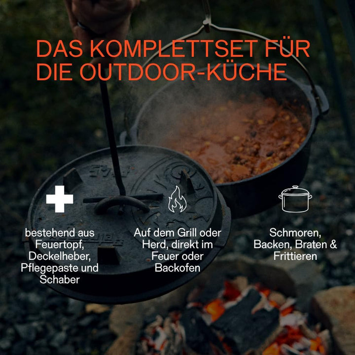 Petromax Feuertopf ft4,5 Set Einsteiger – bestehend aus Feuertopf ft4,5, Deckelheber, Schaber, Pfleg
