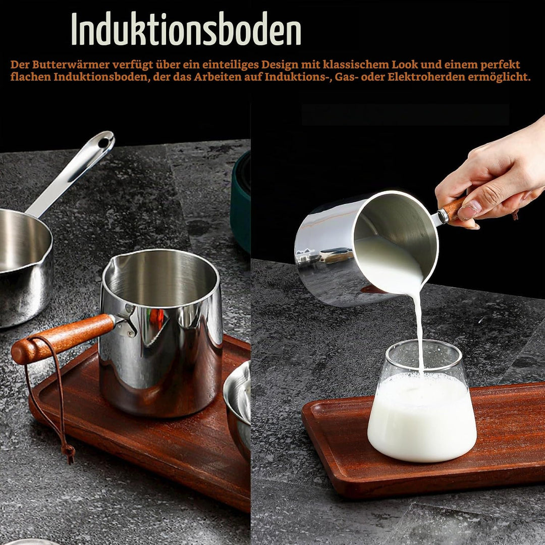 Tissting 2PCS450ML Mini Topf Kaffeekanne, Holzgriff Kleine Sossentopf Stielkasserolle Topf Butterwär