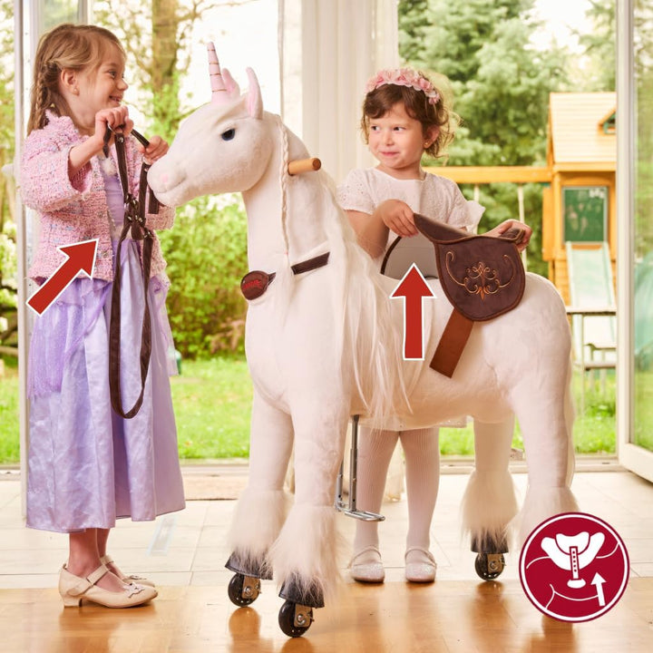 PONNIE Einhorn mit Rollen M (5-12 Jahre), Unicorn zum Reiten mit Abnehmbarer Braun Sattel und Halfte