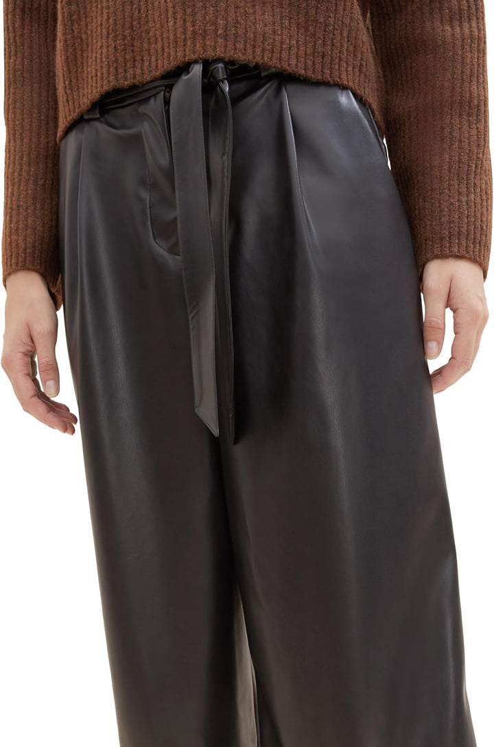 TOM TAILOR Damen Fake-Leder Culotte Hose mit Gürtel 44W / 28L 14482 - Deep Black, 44W / 28L 14482 -