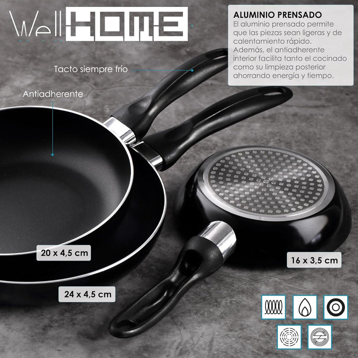 WELL HOME MOBILIARIO & DECORACIÓN Pfannenset 3-teilig 16/20/24 Aluminium gepresst