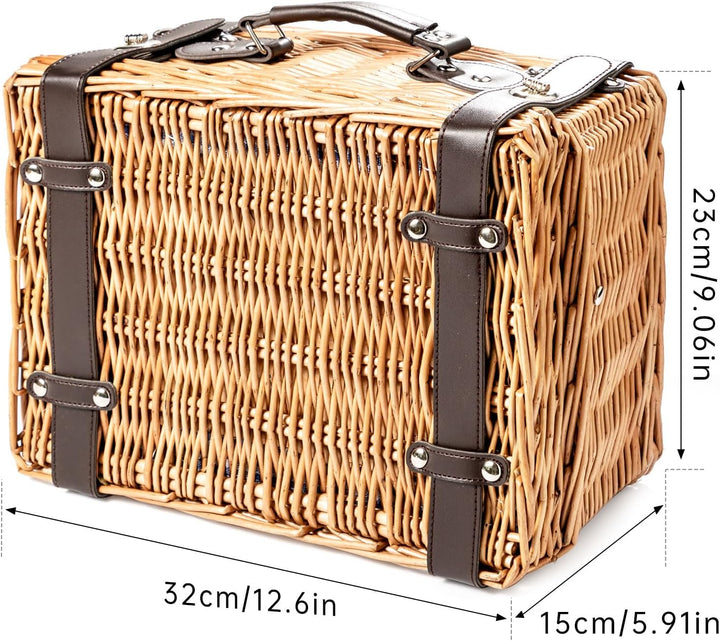 Weiden-Picknickkorb für 2 Personen, Weidenkorb mit Wasserfester Picknickdecke und Besteckset, Pickni