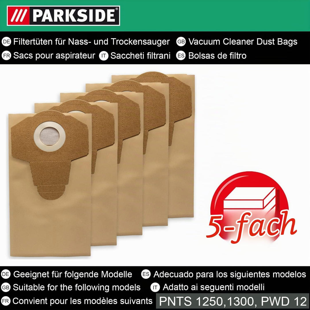 Parkside Original Staubsaugerbeutel 5 Stück für LIDL Nass-Trockensauger PNTS 1250, 1250/9, PNTS 1300