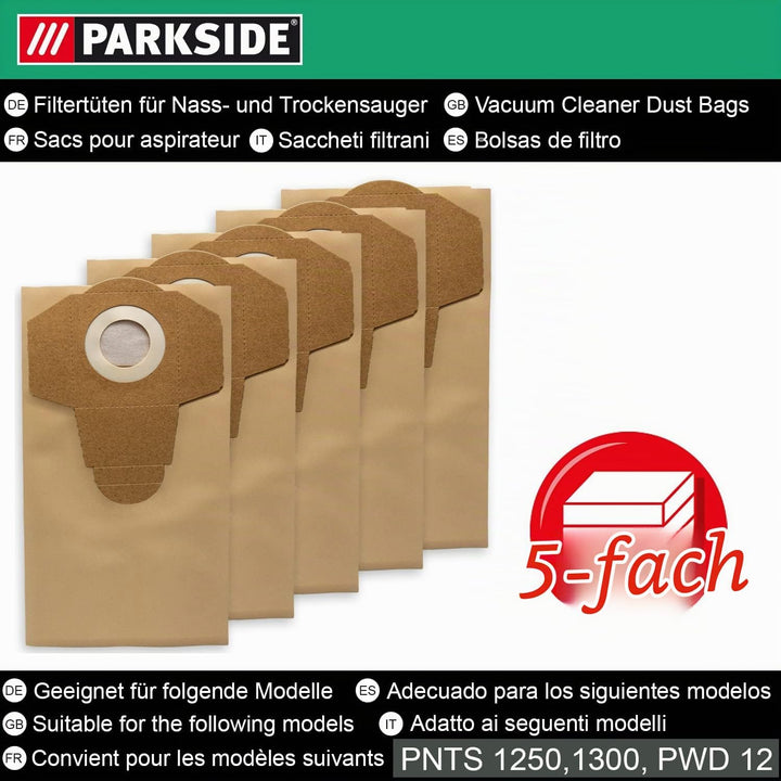 5 Original Parkside Lidl Staubsaugerbeutel für Nass-Trocken-Sauger PNTS 1250, 1250/9, PNTS 1300 A1,