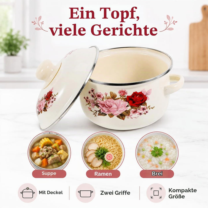 Alipis Emaillierter Kochtopf Mit Blumenmuster Emaille-suppentopf Mit Deckel Und Doppelgriff Vielseit