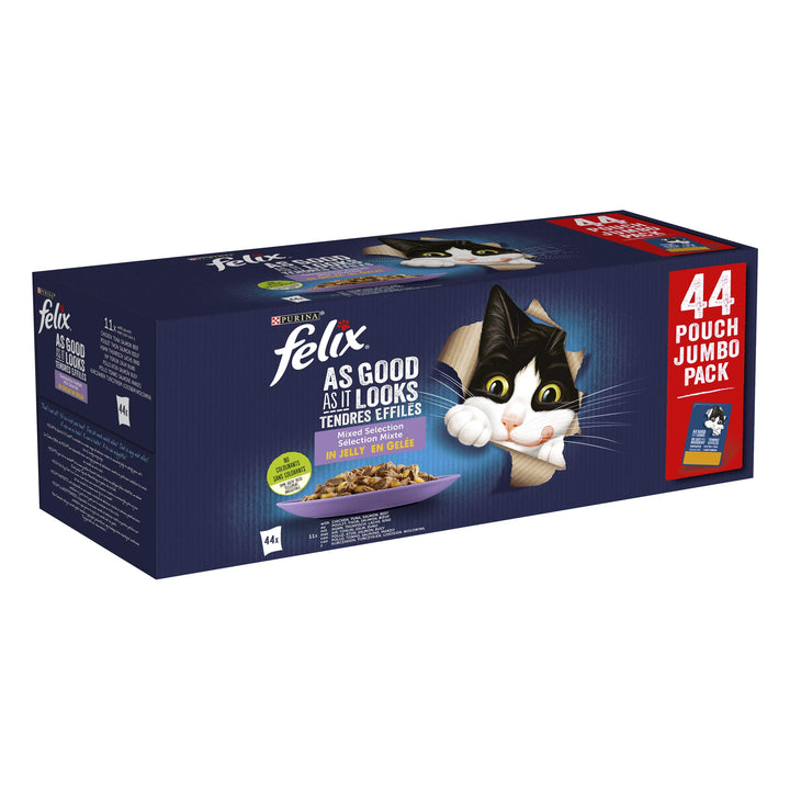 Felix Jeden Tag Party Mix in Gelee Katzenfutter, Nassfutter Mahlzeitbeutel mit Rund, Huhn, Lachs & T