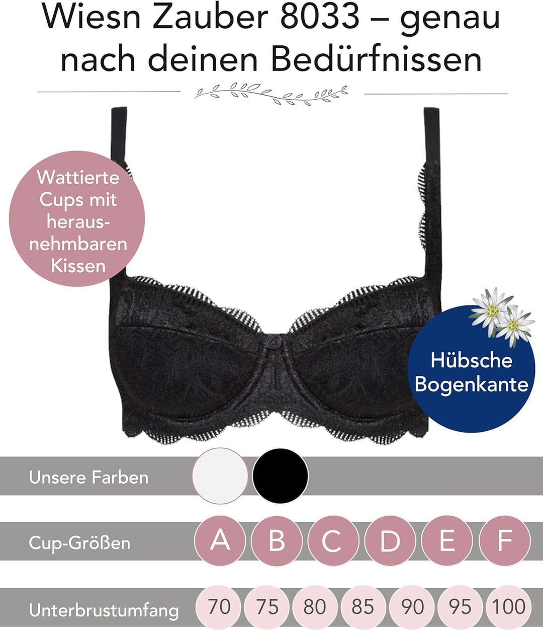 SUSA Wiesn-Zauber Dirndl BH I Bügel-Halbschalen BH mit floraler Spitze I Damen BH für ein atemberaub