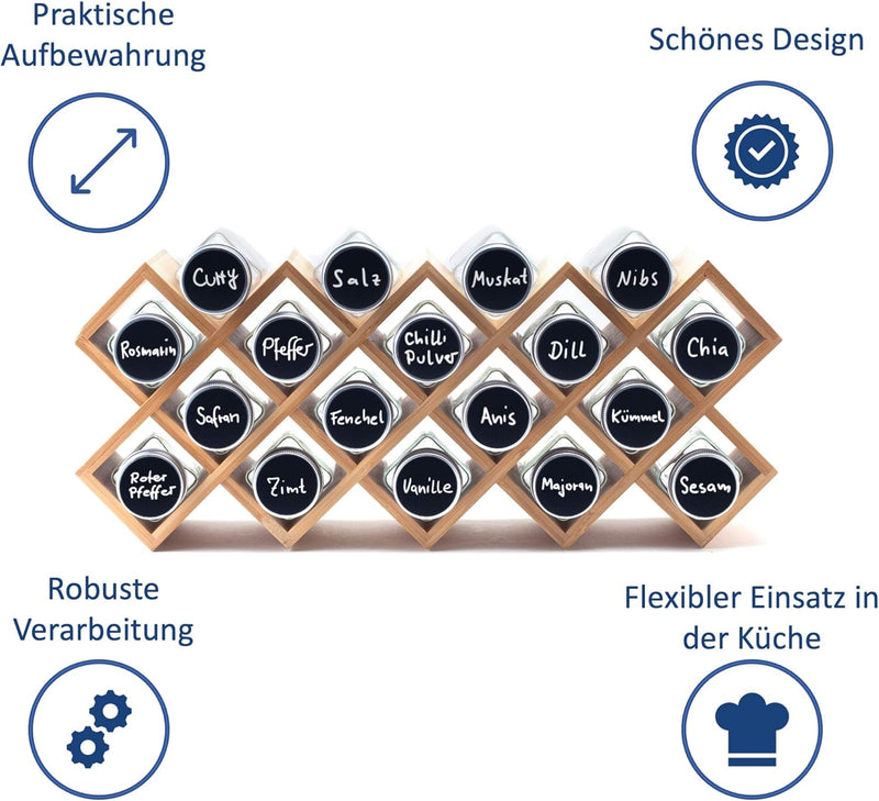 Hanseküche Gewürzregal aus Holz – Gewürzständer für den Schrank mit 18x Gewürzgläsern, Etiketten und
