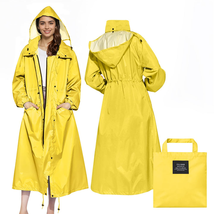 LAMA Stilvoller langer Regenmantel Unisex Regenponcho mit Wasserdichte Pattentasche Kapuze Tunnelzug