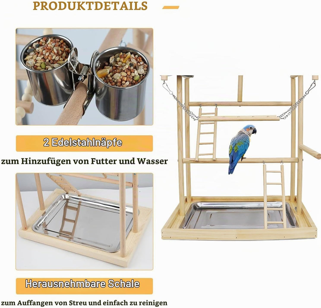 Vogelspielplatz aus Holz,mit Edelstahl-Futterbechern,Bunte Kunststoffkette für Haustiere,für Papagei