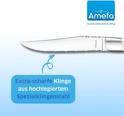 Amefa Lou Laguiole Steakmesser-Set 6-teilig | Griffe Weiss | Mikro-Wellenschliff mit langanhaltender