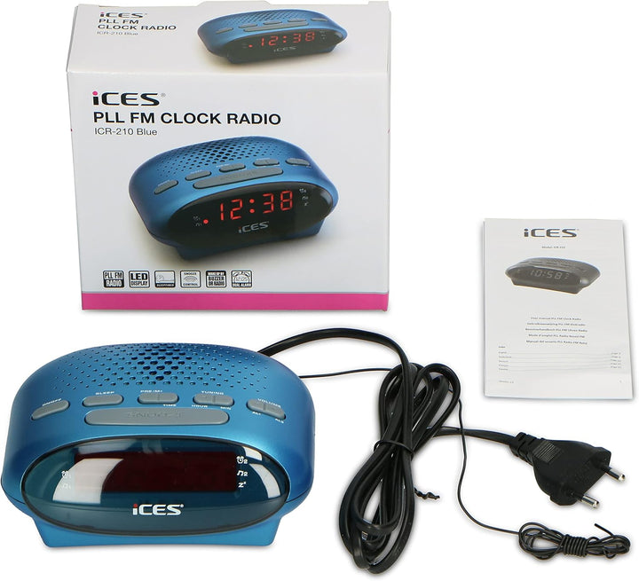 Ices ICR-210 Blue - FM Uhrenradio - Radiowecker mit 2 Weckzeiten - PLL FM - Schlummerfunktion - Slee