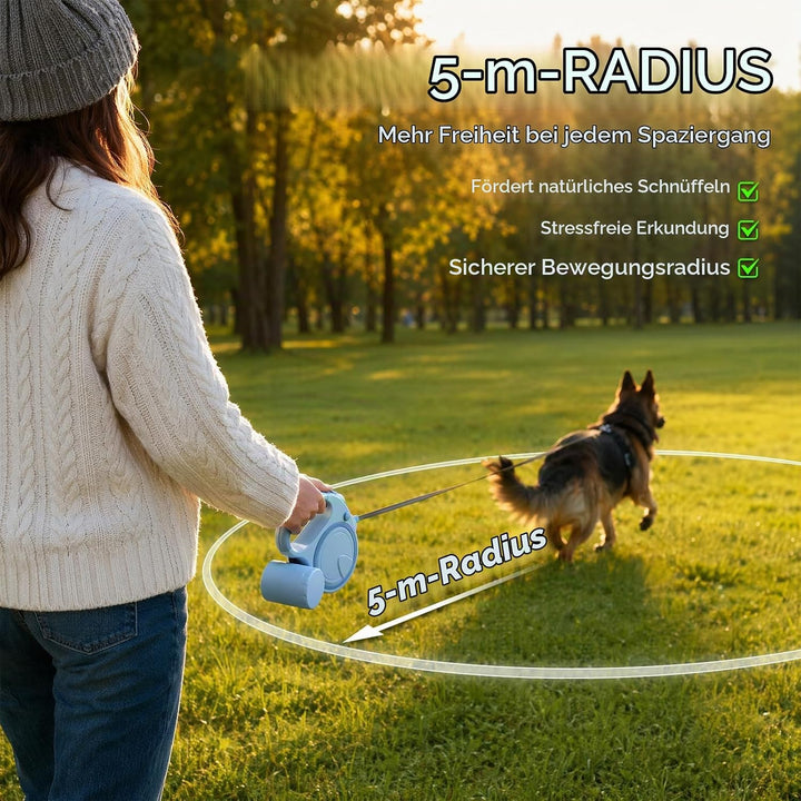 Hundeleine 5m, Ausziehbare Rollleine für Hunde mit LED-Licht und Kotbeutelhalter, 360° Verknotungsfr