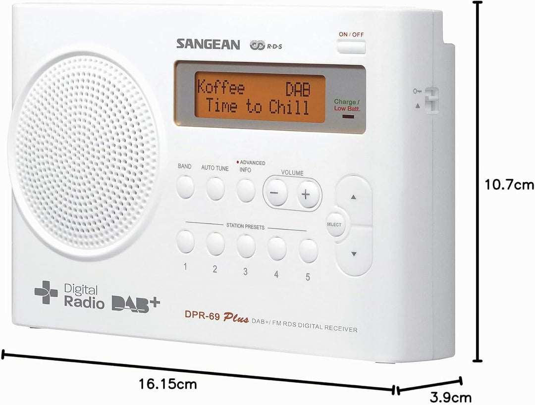 Sangean DPR-69+ tragbares DAB+ Digitalradio (UKW-Tuner, Batterie-/Netzbetrieb) weiss, Weiss