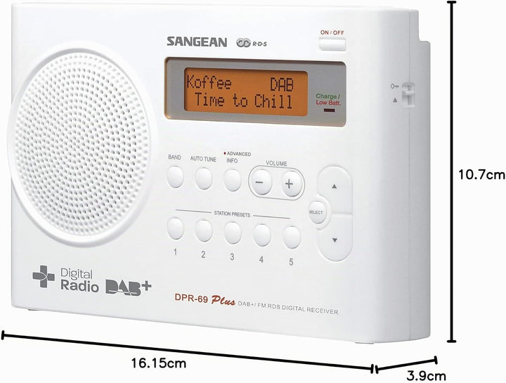 Sangean DPR-69+ tragbares DAB+ Digitalradio (UKW-Tuner, Batterie-/Netzbetrieb) weiss, Weiss