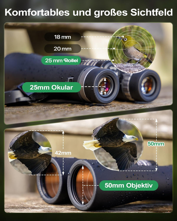 Rollei Fernglas 12x50 Pro Binoculars für Erwachsene Brillenträger mit 12X Vergrösserung & FMC-Linsen