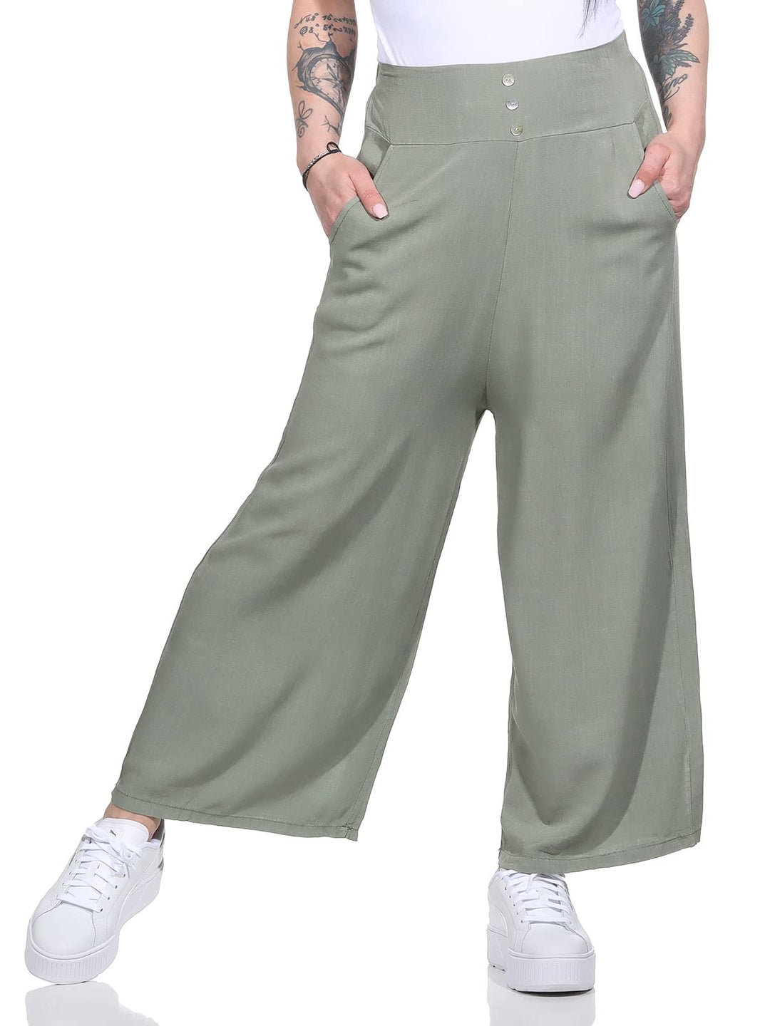 ZARMEXX Damen Hose Marlenehose Palazzo luftige Sommerhose Boho Hippie 7/8 Schlaghose 36-40 Armee, 36