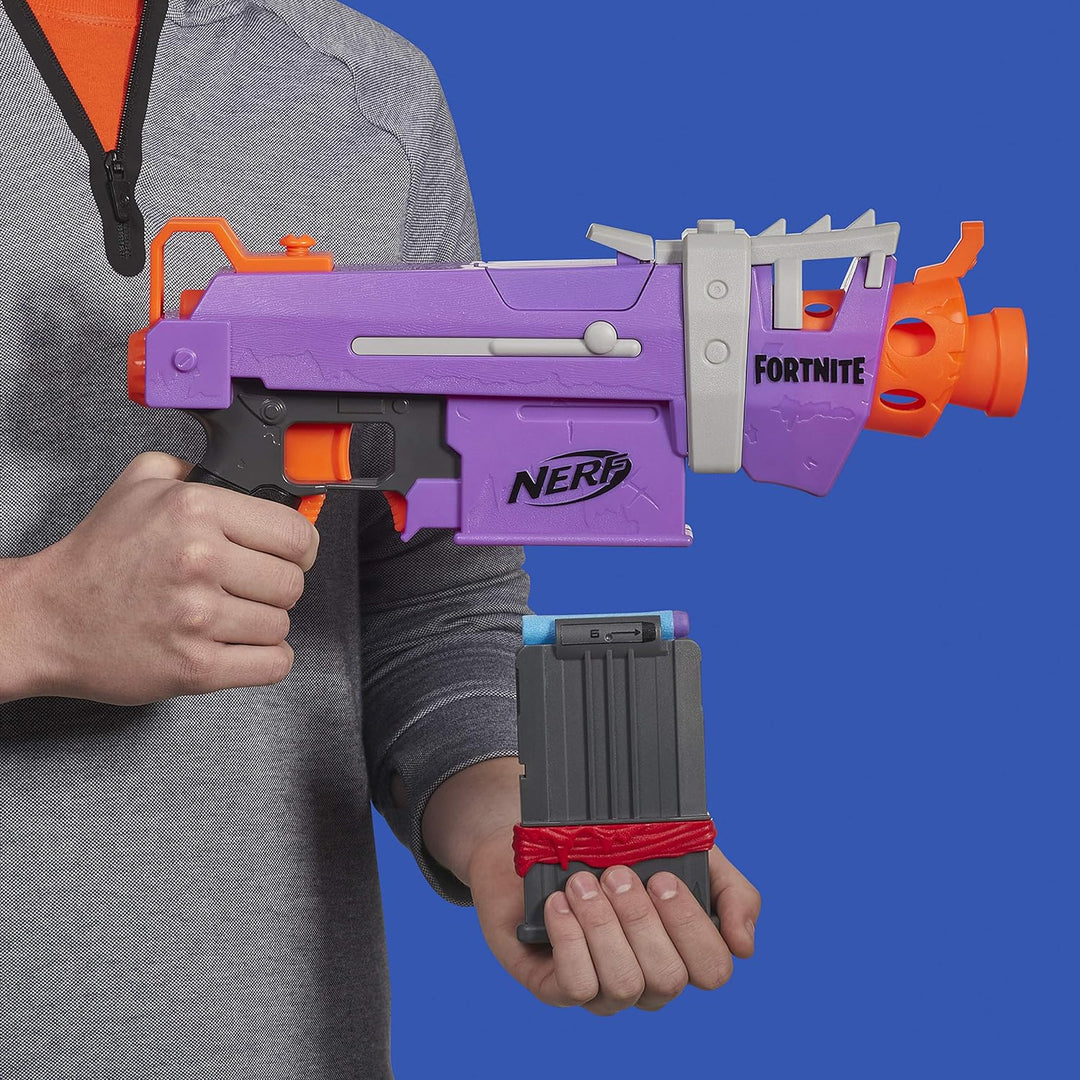 NERF Fortnite SMG-E Blaster -- Motorized Dart Blasting -- 6-Dart Clip, 6 Official Elite Darts -- for