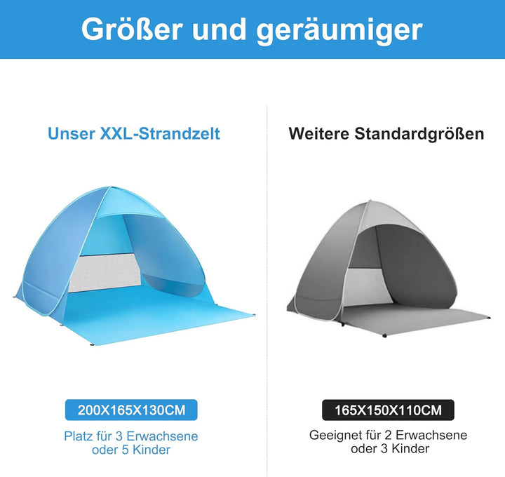 XXL Strandmuschel Pop Up für 3 Erwachsene oder 5 Kinder (200x165x130cm) - Silberbeschichtetes Strand