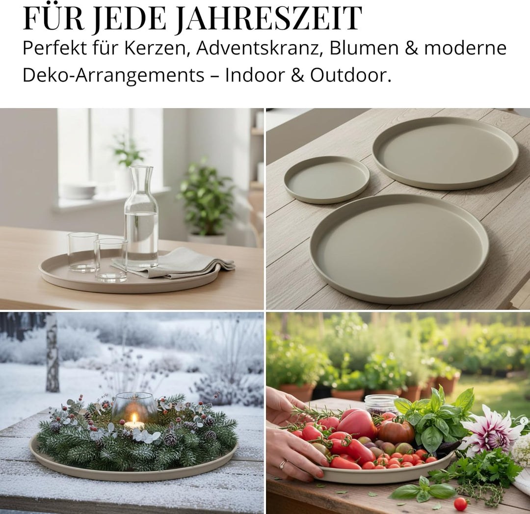 LIVLIG Deko Tablett 3er Set, Serviertablett rund (25 cm, 30 cm, 40 cm), Dekotablett für Adventskranz