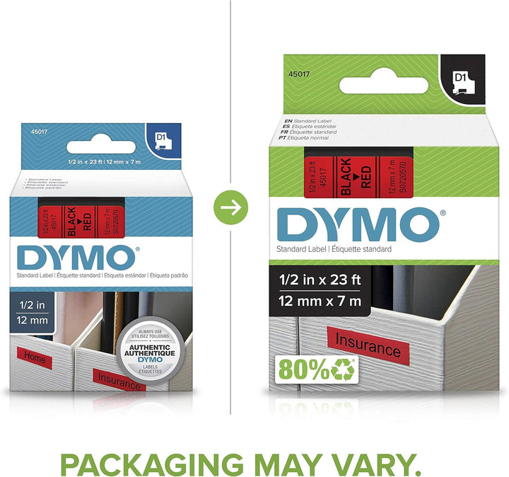 DYMO Standard D1 Etikettenband für LabelManager Etikettenhersteller, schwarzer Druck auf rotem Band,