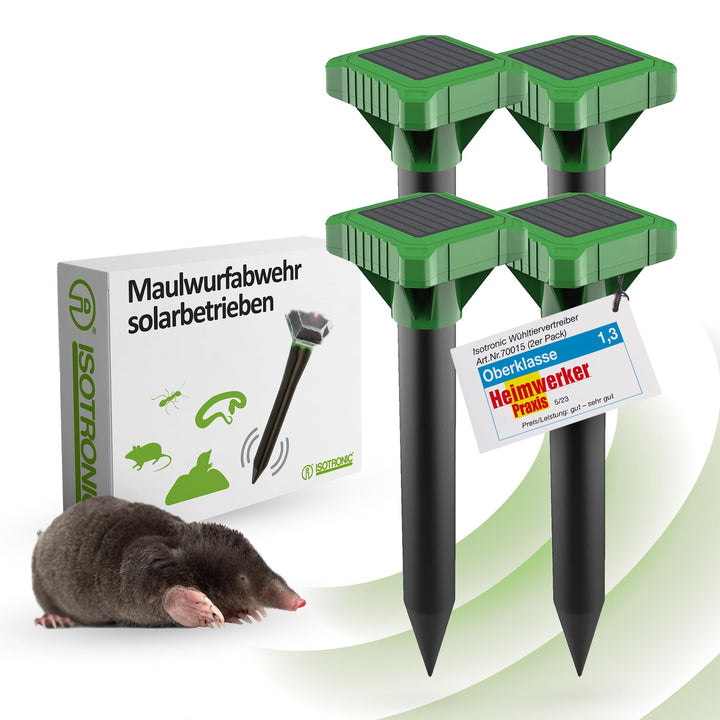 ISOTRONIC Maulwurfvertreiber Solar 4er Set I Maulwurfschreck für den Garten I Maulwurfabwehr, Wühlma