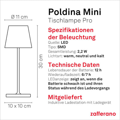 Zafferano Poldina Pro Mini - Dimmbare LED-Tischlampe aus Aluminium, Schutzart IP54, Verwendung im In