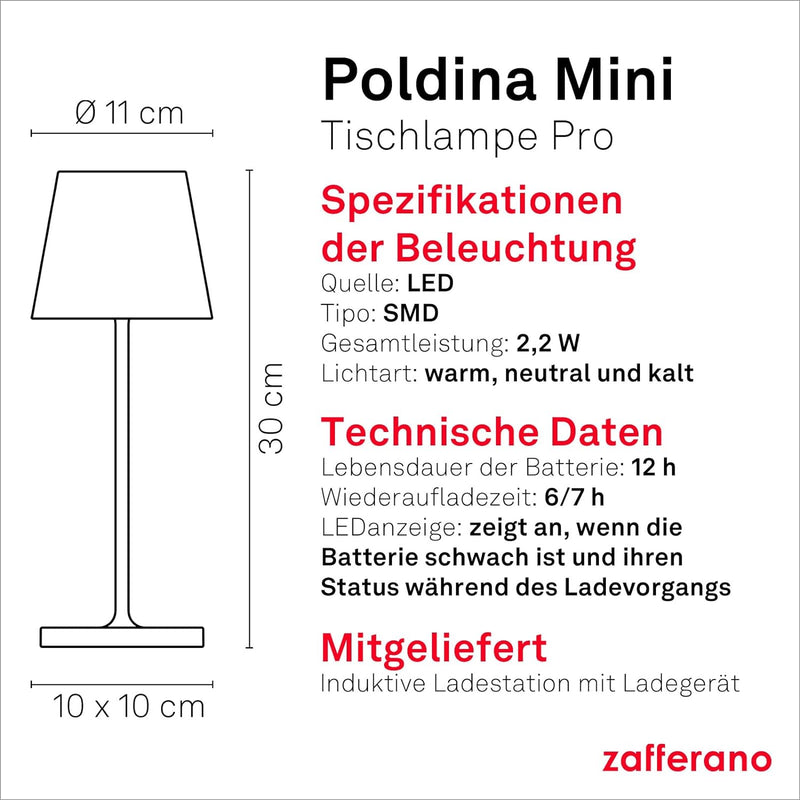 Zafferano Poldina Pro Mini - Dimmbare LED-Tischlampe aus Aluminium, Schutzart IP54, Verwendung im In