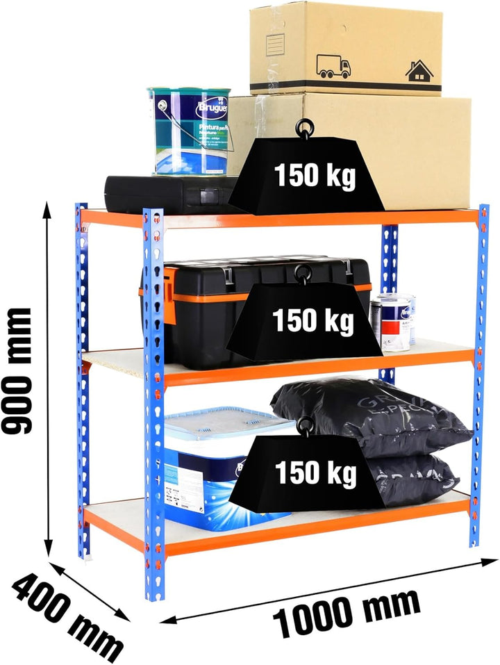 SimonRack Schwerlastregal, Lagerregal, 90x100x30 cm, Metallregal, Kellerregal, Biegestelle 150 kg, 3