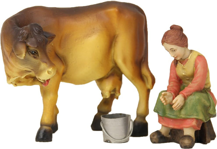 FADEDA 3X Bäuerin mit Kuh beim Melken/Höhe:9 cm/handbemalt/detailgetreue Krippen Figuren - Weihnacht