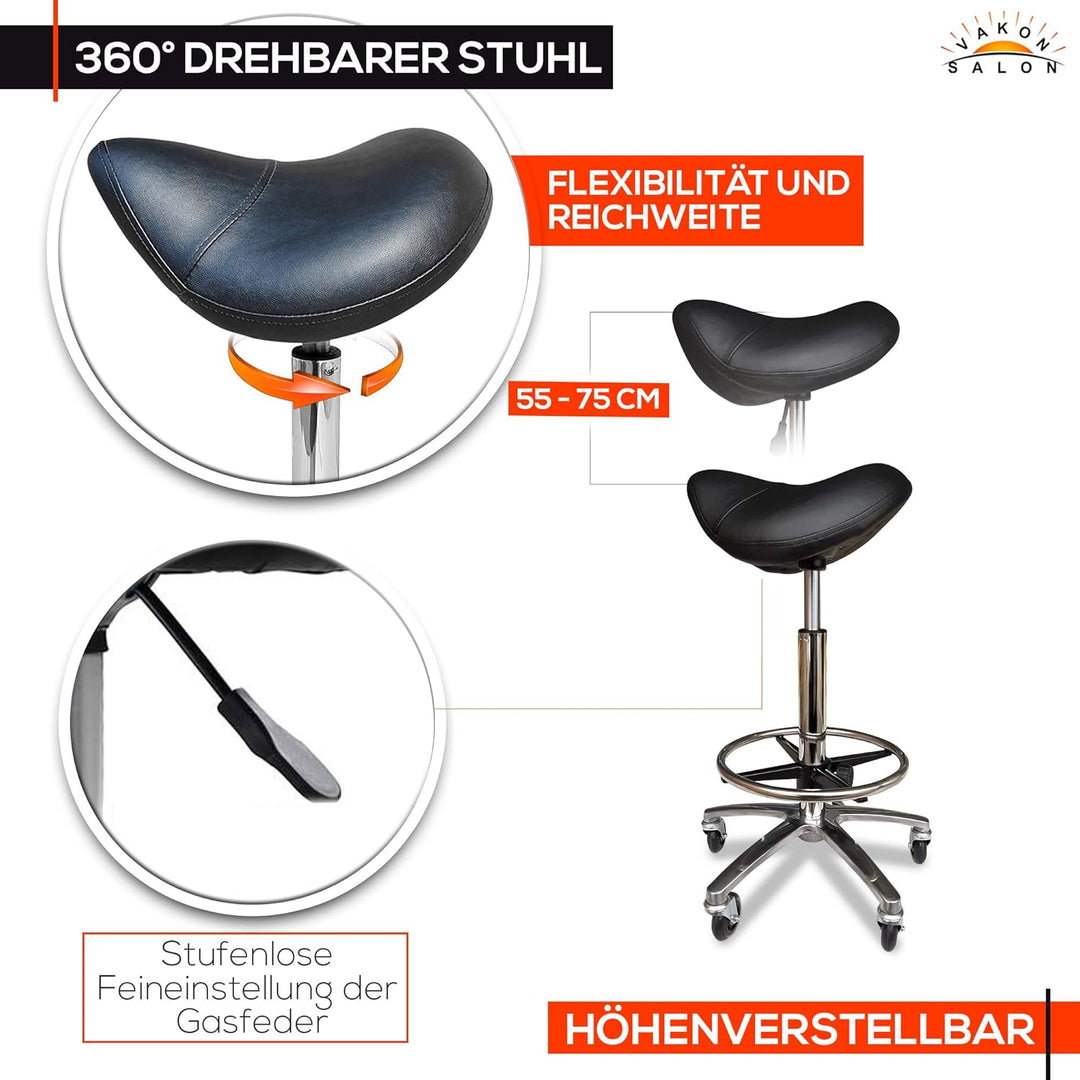 VAKON SALON - Sattelhocker auf hochwertigen Rollen mit Fussring - höhenverstellbarer Drehhocker 55-7
