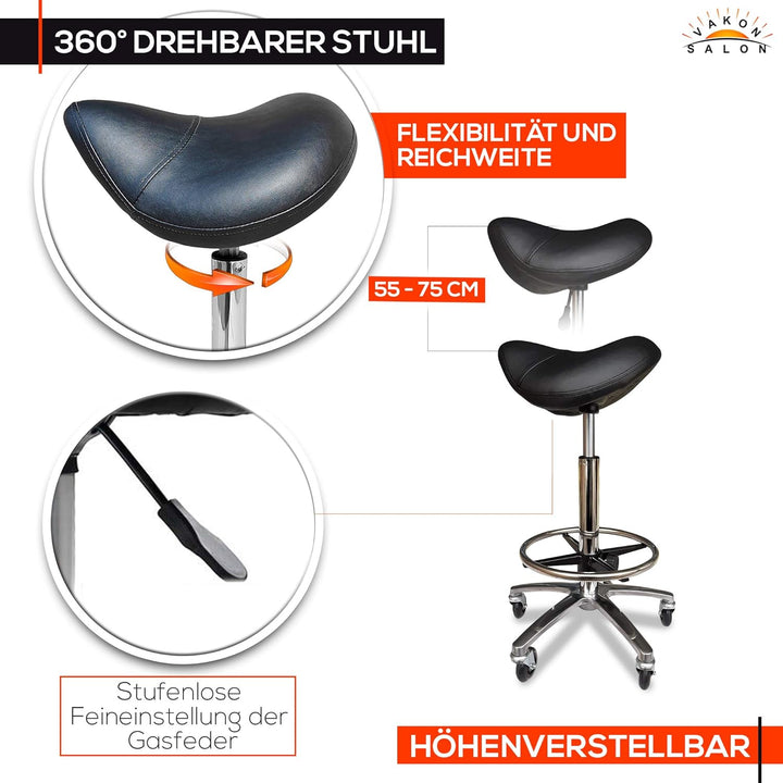 VAKON SALON - Sattelhocker auf hochwertigen Rollen mit Fussring - höhenverstellbarer Drehhocker 55-7