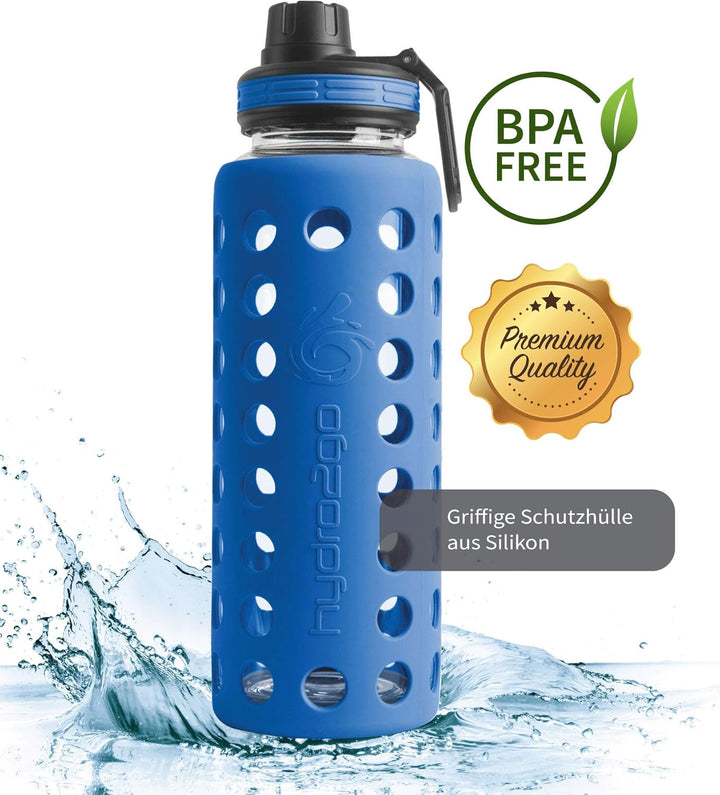 hydro2go® Trinkflasche aus Glas mit Silikonhülle 950 ml - spülmaschinenfest | 2 auswechselbare Decke