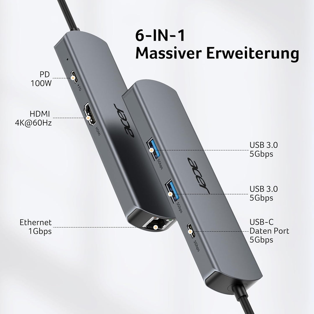 acer USB C HUB Ethernet, mit 4K@60Hz HDMI, 1000Mbps Lan, 1*USB-C + 2*USB-A 5Gbps, Typ-C 100W PD, Mul