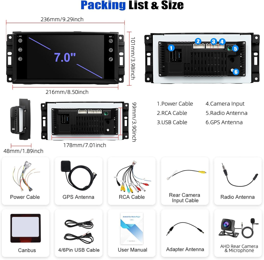 CAMECHO 4+64G 7 Zoll DSP Autoradio für Jeep Wrangler Ram JK Dodge Challenger mit Wireless Carplay, A