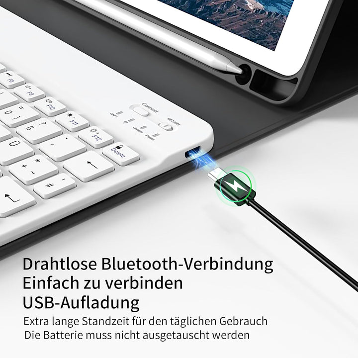hülle mit Tastatur für iPad 9/8/7 Generation (2021/2020/2019) 10,2 Zoll, weiche TPU-Rückseite mit St