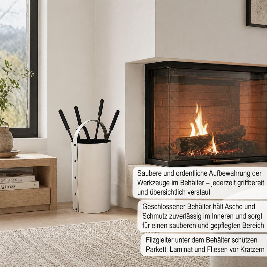 MS Beschläge Kaminbesteck Set 5-tlg mit Besteckbehälter aus Leder Altweiss - moderne Kamingarnitur K