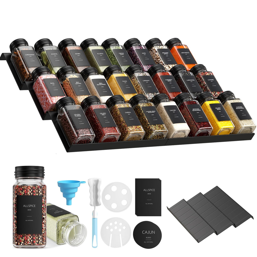 Gewürzgläser mit Regal [24 x 120ml] + 372 Gewürzetiketten, Gewürzregal Schublade mit Gläsern mit 6 G