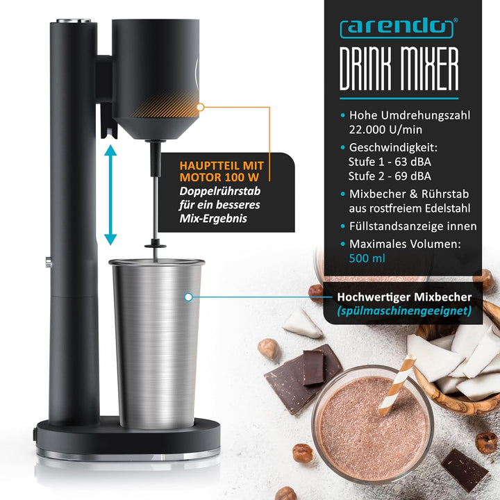 Arendo - Eiweiss Shaker - Protein Mixer - Milchshake Mixer - elektrischer Standmixer - 500 ml Edelst