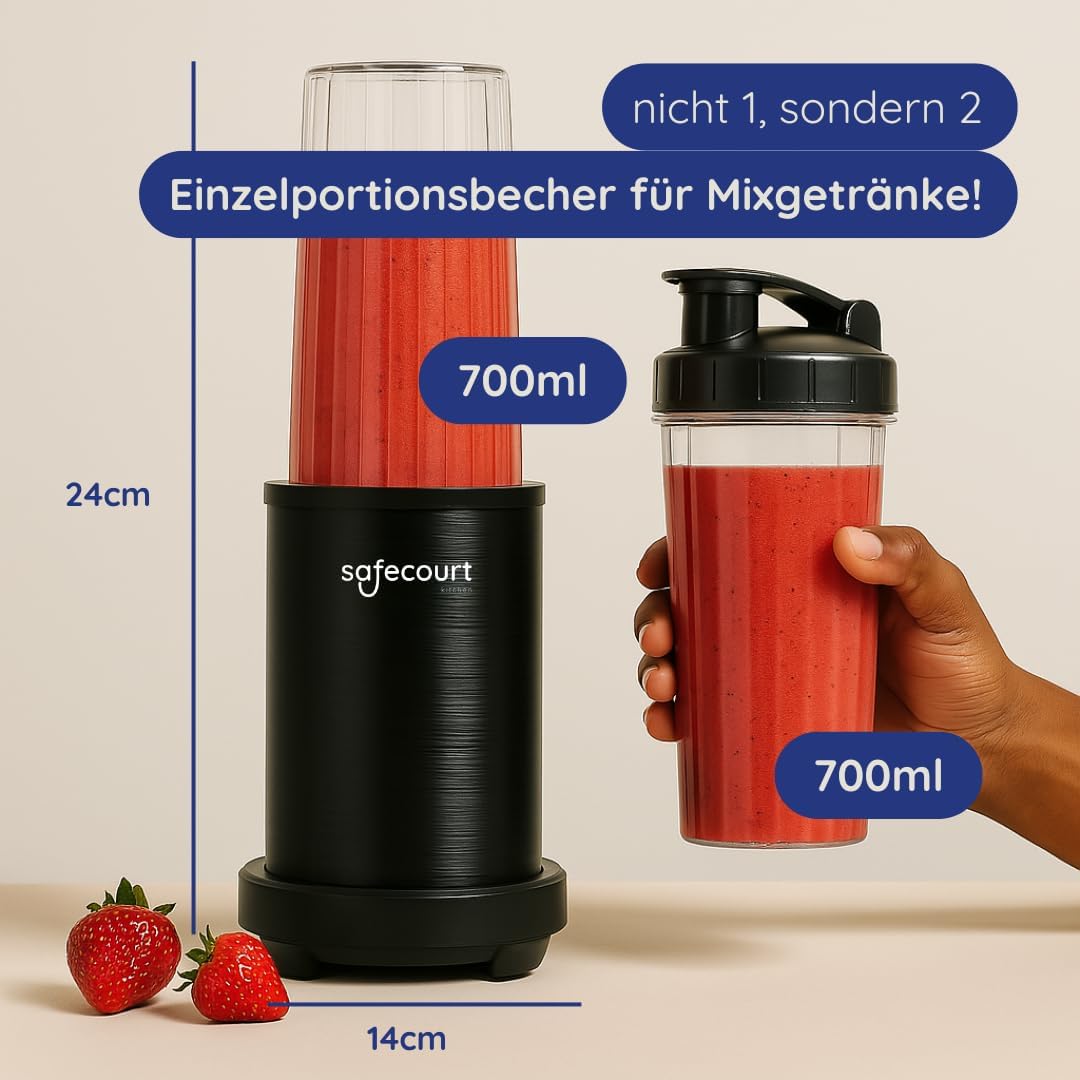 Safecourt Standmixer – Kraftvoller Smoothie Maker, Mixer & Blender To-Go [1000W] – für Smoothies, Sh