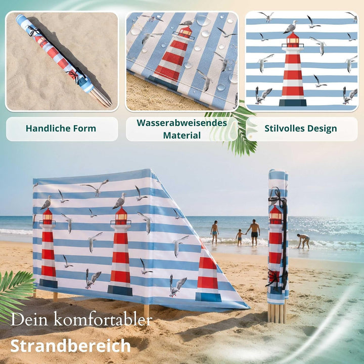 Strandparavent Mikrofaser | Windschutz 80cm | Leuchtturm 4m | Wetterfest | Mit Bindeseilen | Handgef