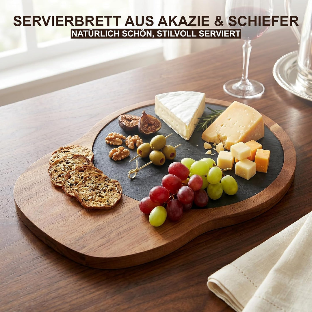 hausleben Servierbrett aus Akazienholz mit Schiefereinsatz 29x23 cm – Rustikale Käseplatte &amp; Holzbre