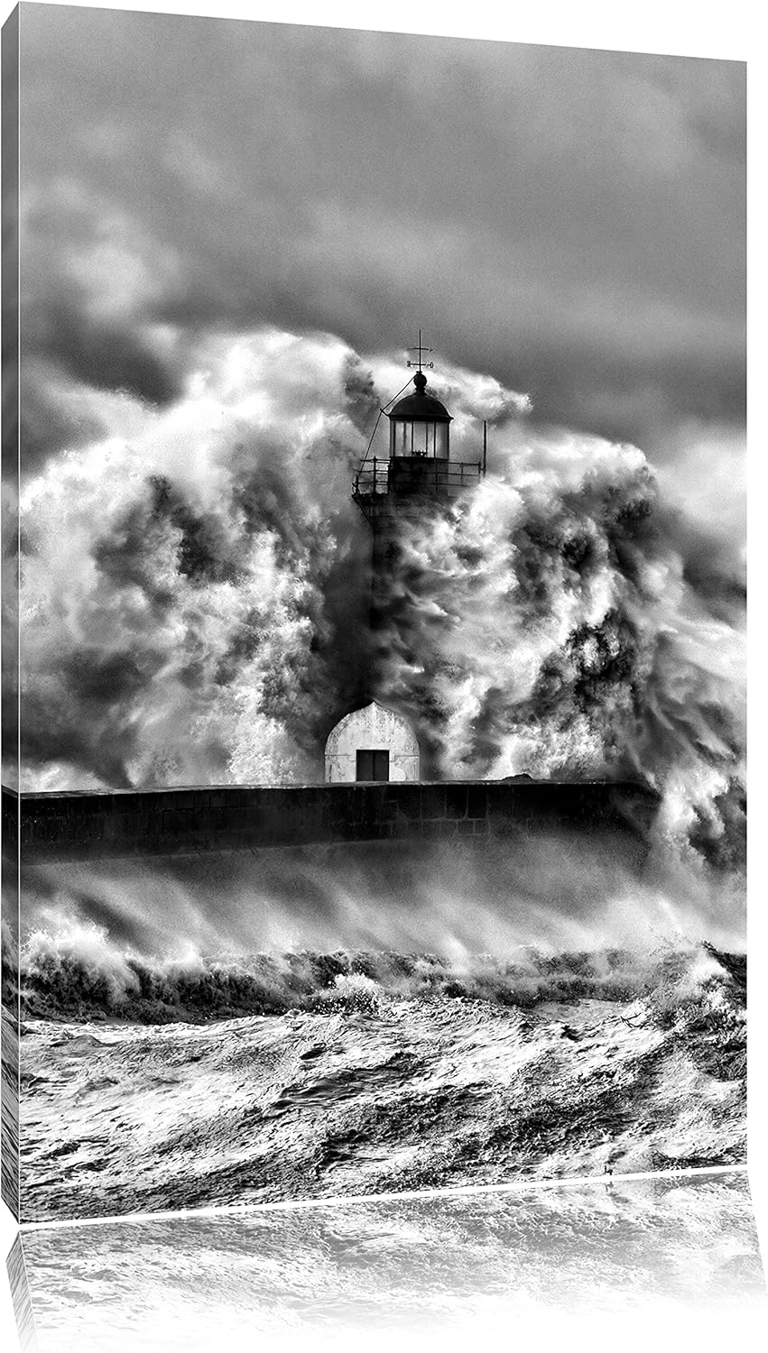 Pixxprint Leuchtturm im Sturm als Leinwandbild/Grösse: 100x70 cm/Wandbild/Kunstdruck/fertig bespannt